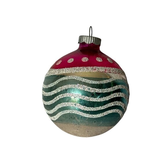 Shiny Brite Other - Vintage Shiny Brite Glass Ornament Pink Teal Silver Glitter Waves Dots Christmas